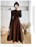 Purpdrank - High Quality Fall Winter Women Sweater Overalls Dress Sets Casual Knitted Tops +Plaid Woolen Dress 2 Piece Sets Outfits Female
