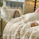 Purpdrank  French Floral Lace Ruffles Bedding Set Double Layer Yarn Pure Cotton Duvet Cover Set Pillowcases With Flat/Fitted Bed Sheet 4Pcs