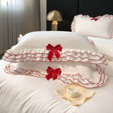 Purpdrank  Korean Style Lace Ruffles Princess Bedding Set, Duvet Cover, Bed Skirt, Fitted Sheet, Flat Sheet, Pillowcases, Black Bow, White