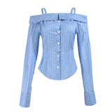 Purpdrank  Sexy Off Shoulder Straps Striped Women Shirts 2025 Summer Fashion Button Up Long Sleeve Irregular Office Shirt Female Y2K Tops