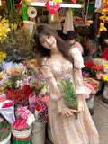 Purpdrank  Girls long dresses Square Neck puff sleeves Floral Long Sleeve Chiffon Dresses Women's clothing Summer vestidos largostraf
원피스