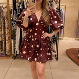 Purpdrank  Backless Lace Up Pleated Elegant Dresses Daily Casual Polka Dot Printed Mini Dress Summer Puff Sleeves Deep V-neck Women's Dress