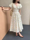 Purpdrank  Summer Bohemian Floral Printed Women's A-line Dress 2025 New V-neck Puff Sleeve Casual Loose Umbrella Long Dress Female