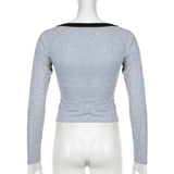 Purpdrank  Spring Grey Women's T-shirt V-Neck Long Sleeves Letter Print Crop Top Casual Fashion T Shirt Female Streetwear Sexy Cropped Tops