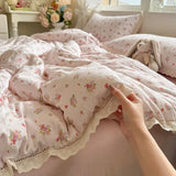 Purpdrank  Korean Style Girly Heart Floral Double Layer Gauze Four-Piece Set Princess Style Lace Trim Quilt Cover Bed Sheet Dormitory