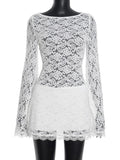 Purpdrank  Sexy White Lace Flare Sleeve Bodycon Dress Women Fashion O Neck Hollow Out Slim Fit Club Party Mini Dress Trendy Hot Girl