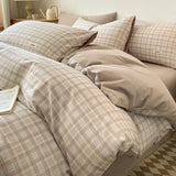 Purpdrank  4Pcs Grid Printed Fitted Sheet Bedclothes Cotton Double-Sided Mix Color Soft Quilt Cover Single Double Comfort Set for Adults