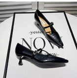 Purpdrank  Fashion Pointed Toe Buckle-heeled Single Shoes Retro Solid Color Women's Shoes Medium Heels Casual Shallow Mouth Zapatos Mujer
