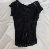Purpdrank  Coquette Lace Shirt y2k Clothes Women Solid Color V Neck Cap Sleeve Crop Top with Bow Decor Sweet Aesthetic Clothes