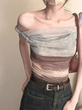 Purpdrank Fashion Vintage Halo Dyeing Vest for Women Y2k E-Girl Mesh Irregular Camisole Tops 2025 Summer New Off Shoulder Tank Top