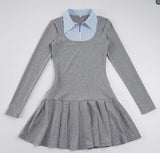 Purpdrank  Korean Preppy Style Grey Dress Women's Patchwork Lapel Collar Button Long Sleeve Slim Fake Two-Piece Pleated Mini Dress