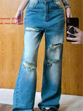 Purpdrank  Retro ripped jeans women summer American style high street straight leg pants design sense high waisted floor length pants