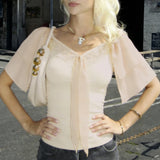 Purpdrank  Sweet Patchwork Lace Blouse Holiday Solid Bandage V-Neck Half Layered Sleeve Shirts Women Summer Fashion Streetwear Ladies