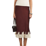 Purpdrank  New Lace Patchwork Silk Surface Half Skirt Draped Glossy A-line Mid-length Skirt Women Spring Autumn Elegant Demeanor Lace Skirt
