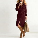 Purpdrank  Women's Corduroy Maxi Dress Lapel Collar Button Down Long Sleeve Casual Shirt Dress With Pockets Loose Side Slit Office Dresses