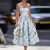 Purpdrank  Elegant Sexy Backless Print Dress Women Square Neck Sleeveless A-Line Dress Casual Summer Swing Bridesmaid Cocktail Prom Dresses