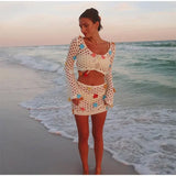 Purpdrank  Chic V-neck Hollow Out Lace-up Top Hip Package Mini Skirts Fashion Long Sleeve Hook Skirt Set for Women 2025 Summer Beach Outfit