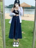 Purpdrank  Korean Women Denim Skirts Elastic High Waist A Line Jeans Long Skirts Blue Plus Size Cotton Female Skirts New 5Xl