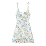 Purpdrank  Summer Holiday White Floral Print Bow Lacing Up Strap Sling Dress Women Elastic Back Ruffles Hem Short Dresses Vestidos Robe