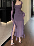 Purple Mature Sexy Beautiful Confident Elegant Graceful Women'S Translucent Thin Straight Dress