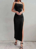 Purpdrank  New Sexy Black Long Bodycon Dress Women Summer Sleeveless Blackless Halter Neck Spaghetti Strap Dresses High Split Vestidos
