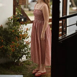 Purpdrank   Summer New Women Gingham Plaid Spaghetti Strap Maxi Dress Smocked Elastic Waist A-Line Flowy Dress Casual Vacation Beach Dress