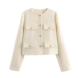 Purpdrank  Women's Clothing Spring Autumn Bomber Jacket New Crop Tops Round Neck Multiple Pockets Coat Single Breasted Long Sleeves Blazer