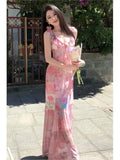 Purpdrank  Vintage Floral Printed French Sleeveless Fairy Dress Holiday Beach Female Lace-up Boho Dress Casual Street Ruffles Party Dress