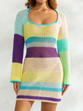 Purpdrank  Women Mini Bodycon Dress Cutout Knitted Contrast Color Stripe Long Sleeve Dress Spring Party Club Wrapped Hip Dress