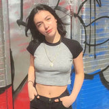 Purpdrank  90's Vintage Contrast Raglan Sleeves Crop Top Crew Neck Rib Tee Base T-shirts Cool Girl Short T-shirt 5 colors