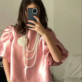 Purpdrank  Spring New Women's Fashion Style Loose and Versatile Satin Bubble Sleeves Loose Short Top