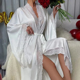 Purpdrank  New Satin Pajamas Women's Lace Light Luxury Long-sleeved Cool Nightgown Bathrobe Home Wear Women's