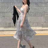 Purpdrank  Women Floral Spaghetti Strap Dress Elastic Ruched Sexy Hollow Backless Party Dress Summer Boho Vacation Beach Sundress