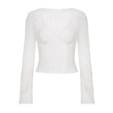 Purpdrank  See Through Sexy Lace T-Shirt Elegant Fashion Slim-Fitting Deep V-Neck Long Flare Sleeve Tees Women Layering Tops Y2K Streetwear