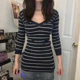 Purpdrank  Vintage T-shirt Women Autumn Rib Knitted V Neck Crop Tops Cottage Cyber Grunge Striped Long Sleeve Pullovers Tees Y2k Streetwear