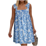 Purpdrank  Summer Sundresses For Women Square Neck Sleeveless Short Dress Bow Tie Floral Print Casual Midi Dresses Ruffle Hem Boho Dresses