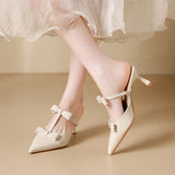 Purpdrank  Nude Pointed Toe Sexy Stiletto Slippers Sandals Women Fashion Bowknot Backless Muller Dress Pumps Luxury Designer Bridal Heels