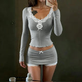 Purpdrank  Y2K Hot Girl Lace Hem 2 Piece Set Fashion Bow Long Sleeve Crop Top & Bodycon Mini Skirt Matching Suits Casual Women Outfit