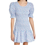 Purpdrank  blue floral Printed Ruffle Mini Dress Smocked puff sleeves cute summer dress round neck sexy women dress