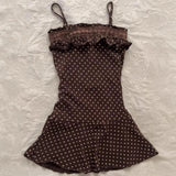 Purpdrank   New Summer Style Literary Retro Temperament Design Polka Dot Printed Suspender A-line Skirt for Women Brown Short Skirt