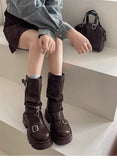 Purpdrank  Retro Mid-Calf  Boots Women's Long Boots Thi Bot ort Boots Korean Sle Spring Autumn Season Flat Heel PU Material