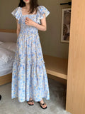 Purpdrank  Summer Bohemian Floral Printed Women's Dress 2025 Flying Sleeve Square Collar Casual Loose Umbrella Long Dress Female