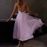 Purpdrank  Lady High Waist Simple Party Dress Fashion Pure Mesh Pleated Halter Evening Dress Sexy Backless Sleeveless Pleated Banquet Dress