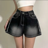 Purpdrank  Vintage High Waist Women's Denim Shorts Tassel 2025 New Single Button Casual Loose Wide Leg Short Jeans Pants Female