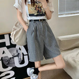Purpdrank  Summer High-waisted Loose Plaid Shorts Women Casula Wide-leg Short Trousers with Belts Fashion All Match Streetwear Pants 2025