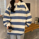 Purpdrank  Japanese Striped Polo Shirt Sweater for Women Loose Korean Style Spring Autumn Casual BF Salt Coat