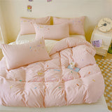 Purpdrank  Pink Bedding Sets Solid Color Washed Cotton Home Girls Bedroom Decor Duvet Cover Pillowcase Bedspread Embroidery Four Piece Set