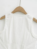 Purpdrank  Summer Plain White Spliced Lace V neck Sleeveless Tank Women Open Buttons Slim Waist Tie Bow Sashes Back Tank Top Crop Tops