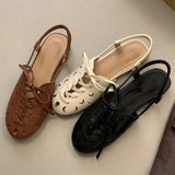 Purpdrank  Retro Hollow Lace-up Low Heel Pumps Women Fashion Roman Style Brand Designer Shoes Comfortable Round Toe Back Strap Casual Shoes