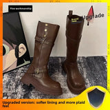 Purpdrank  Fashion Women Black Block High Heels Long Boots New Winter Warm Knee High Boots Soft Leather Thigh High Boots Shoes